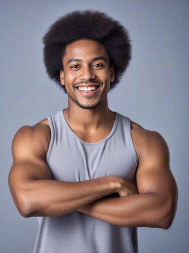 Cheerful Young Afro-Caribbean Man in Grey Yoga Top