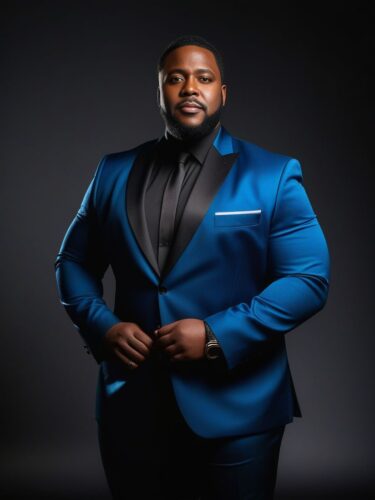 Confident Plus-Size Black Man Against a Sleek Black Gradient Background