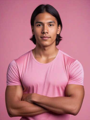 Young Native American Man in Pink Yoga Top
