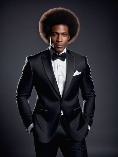 Glamorous Black Man with Stylish Afro in Elegant Tuxedo