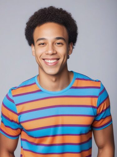 Smiling Biracial Young Man in Colorful Striped Yoga Shirt