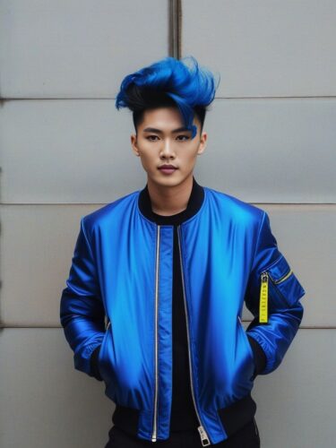 East Asian Glam Man with Electric Blue Hair