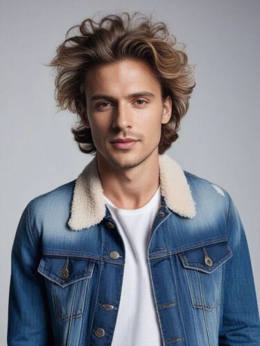 European Glam Man with Messy Hair in Casual Denim Jacket