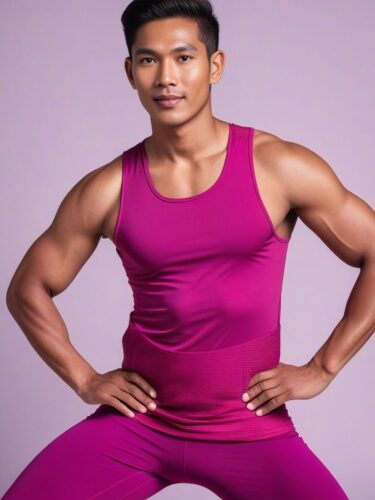 Young Southeast Asian Man in Fuchsia Yoga Outfit