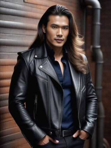 Eurasian Glam Man in Leather Jacket