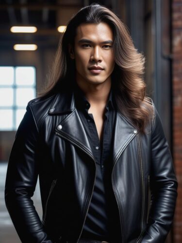 Eurasian Glam Man in Leather Jacket