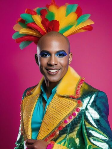 Afro-Latina Glam Man in Vibrant Carnival Costume
