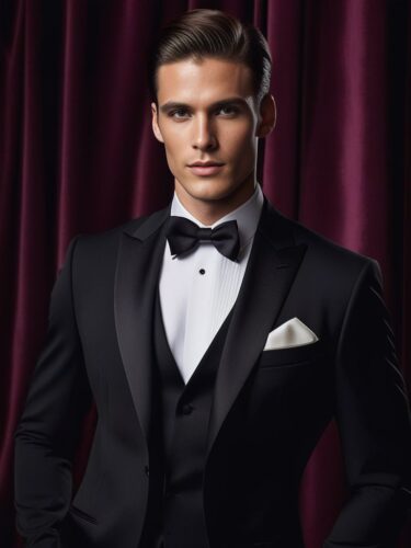 Male Model in Sharp Tuxedo Against Luxurious Velvet Background
