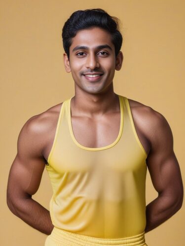 Radiant Young South Asian Man in Lemon Yellow Yoga Outfit