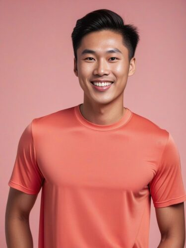 Happy Young East Asian Man in Coral Yoga Top