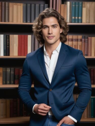 Male Model with Soft, Wavy Hair in Casual Blazer and Jeans