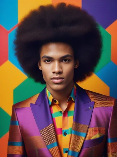 Young Male Model with Bold Afro in Vibrant Attire