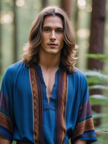 Male Model in Bohemian Outfit Against Forest Background
