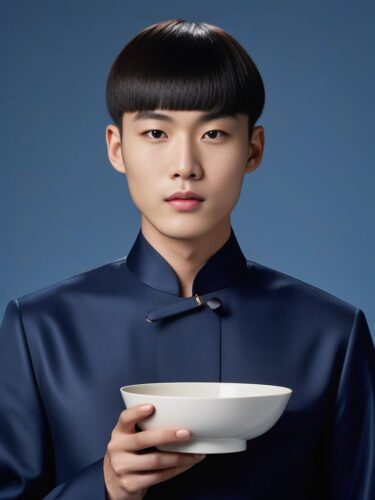 An East Asian Glam Man with a Neat Bowl Cut