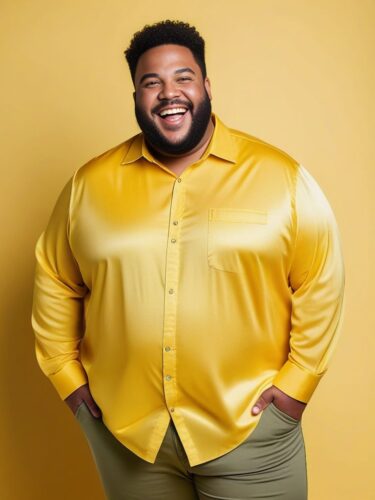 Cheerful Plus-Size Man Against Lemon Yellow Background
