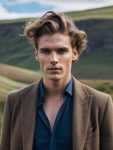 Male Model with Natural Textured Hairstyle in Earthy Sustainable Fashion