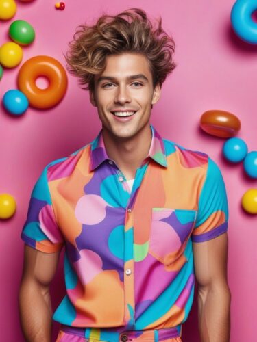 Male Model with Playful Hairstyle in Colorful Outfit
