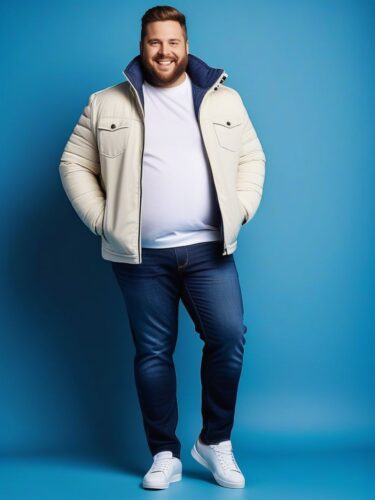 Happy Plus-Size White Man in Trendy Jacket and Jeans