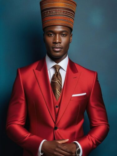 African Glam Man with Traditional Headwear and Modern Suit