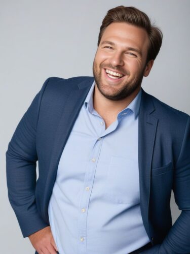 Joyful Plus-Size Man in Relaxed Outfit