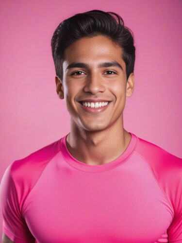 Smiling Young Hispanic Man in a Bright Pink Yoga Top