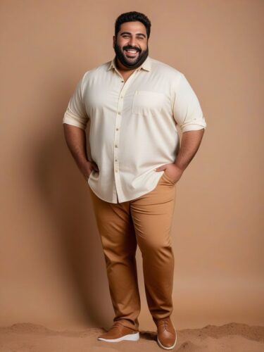 Joyful Plus-Size Middle-Eastern Man in Casual Outfit