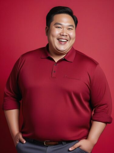 Happy Plus-Size East Asian Man in Stylish Outfit