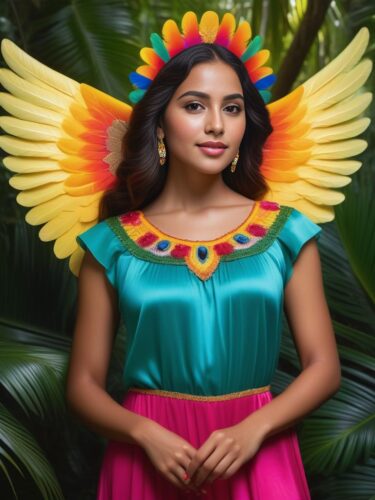 Young Hispanic Angel Woman in a Tropical Forest