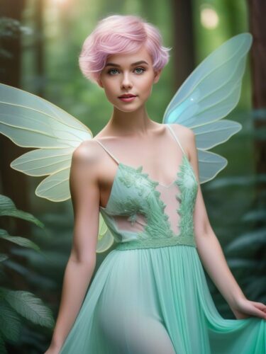 Young Angel Woman with Pixie Cut and Playful Green Eyes