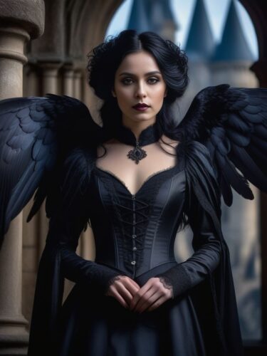 Mysterious Angel Woman with Dark Wings