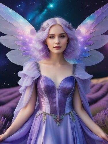 Dreamy Angel Woman with Lavender Hair and Galaxy Wings