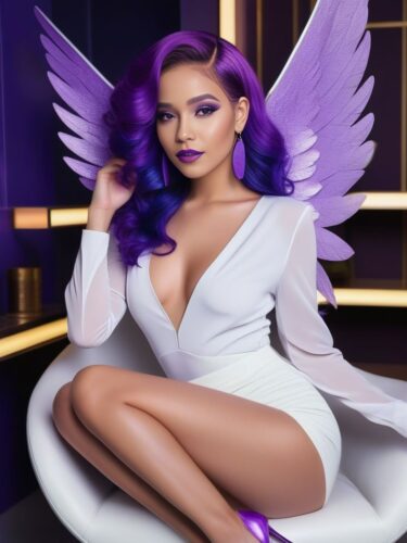 Young Angel Woman with Vibrant Purple Hair and Enchanting Wings
