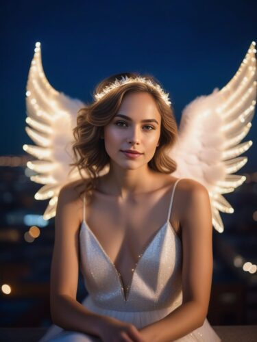 Professional Portrait of a Young Angel Woman with Twinkling Lights