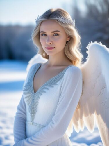 A Young Angel Woman in a Serene Snowy Environment