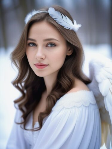 Young Angel Woman with Soft White Feathers