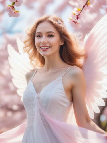 Cheerful Angel Woman with Pink Wings and Cherry Blossoms