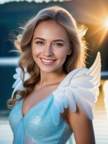 Cheerful Angel Woman with Light Blue Wings