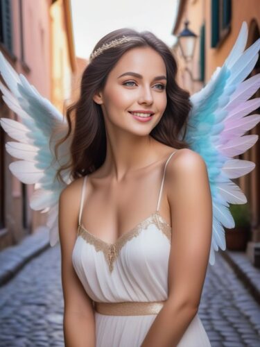 Angel Woman with Soft, Pastel-Colored Wings