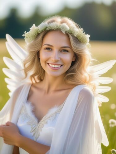 Angel Woman with Soft Feathered Wings in a Peaceful Meadow