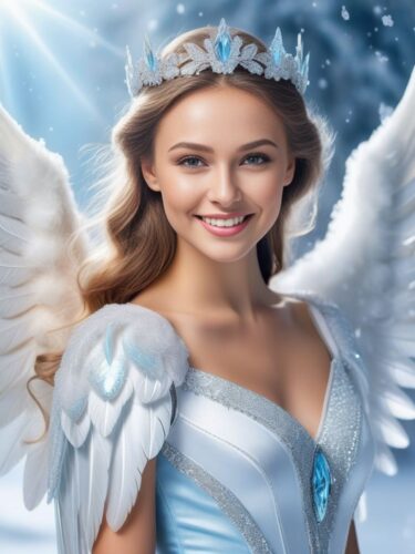 Cheerful Angel Woman with Frosty Wings in a Magical Ice-Covered Landscape