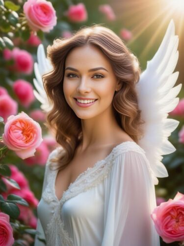 Angel Woman with Rose Wings in a Romantic Rose Garden