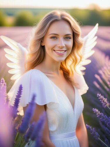 A Young Angel Woman in a Sunlit Lavender Field