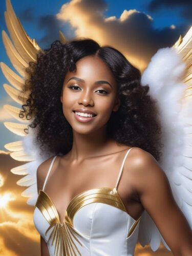 Young Black Sexy Angel Woman with Golden Wings