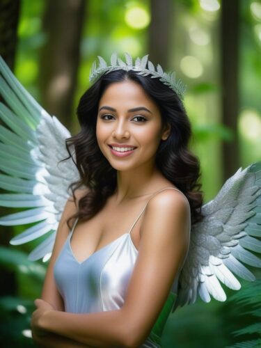 Radiant Young Hispanic Sexy Angel Woman in Lush Green Forest