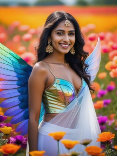 South Asian Sexy Angel Woman with Iridescent Wings