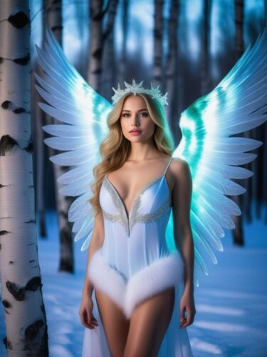 Young Sexy Angel Woman in a Snowy Birch Forest