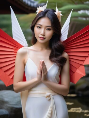 Young Sexy Angel Woman in a Zen Garden