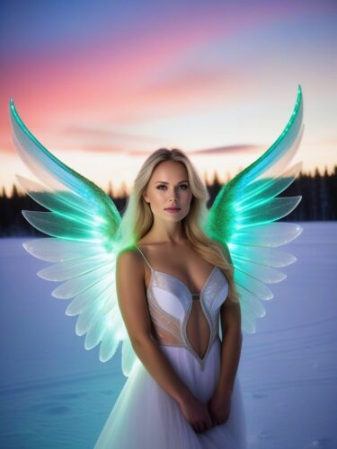 Sexy Angel Woman with Northern Lights Wings in Snowy Landscape