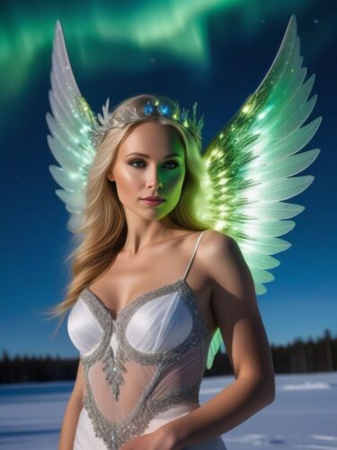 Sexy Angel Woman with Northern Lights Wings in Snowy Landscape