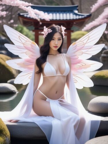 Japanese Sexy Angel Woman with Cherry Blossom Wings in a Zen Garden
